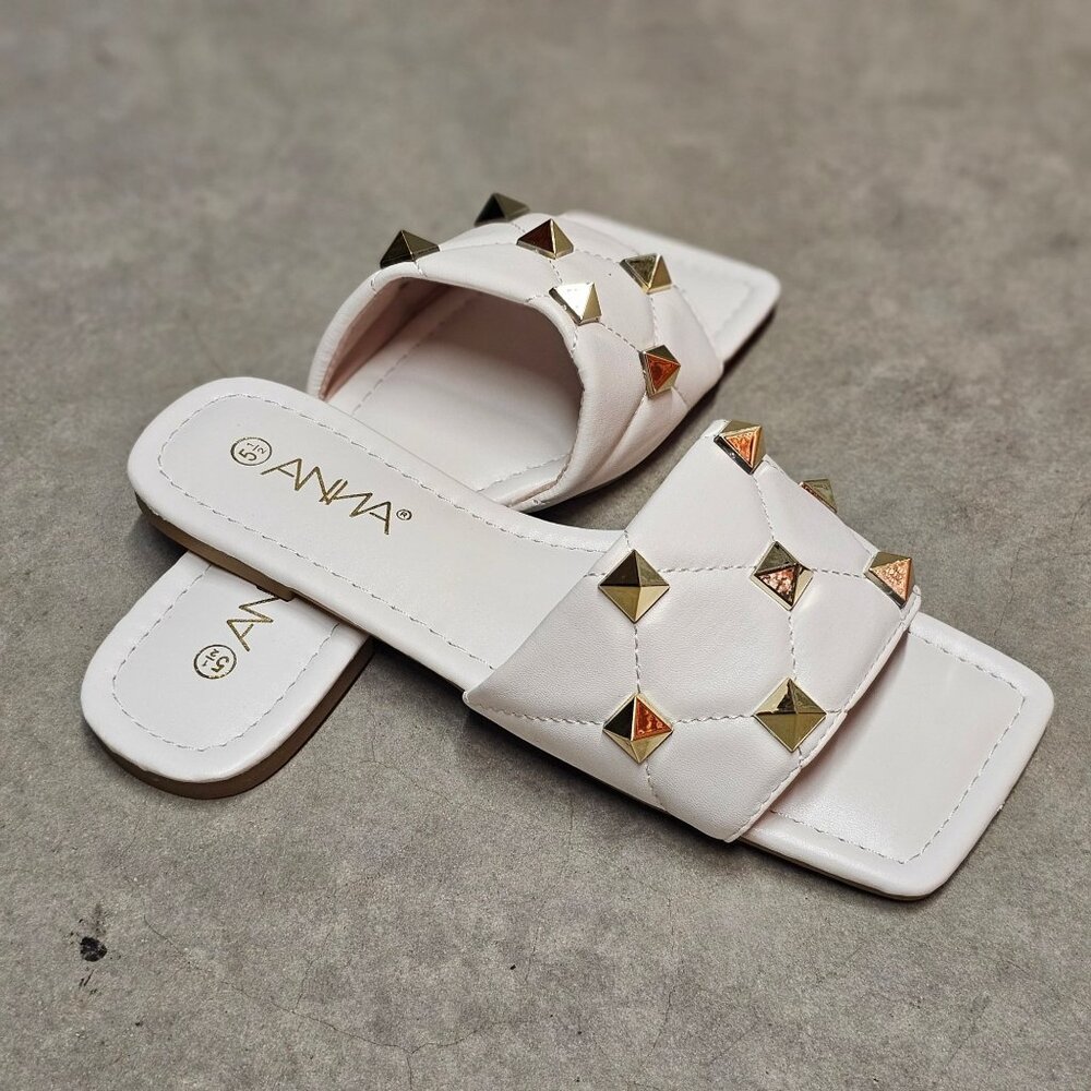 White Studded Slide Sandals With Quilted Strap Design Square Toe Womens - Picture 4 of 6